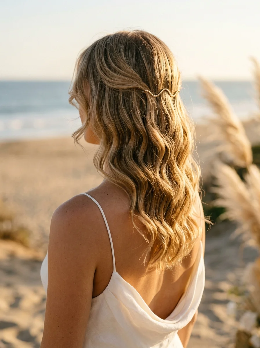 Effortless Wavy Half-Up with Golden Wave Clip