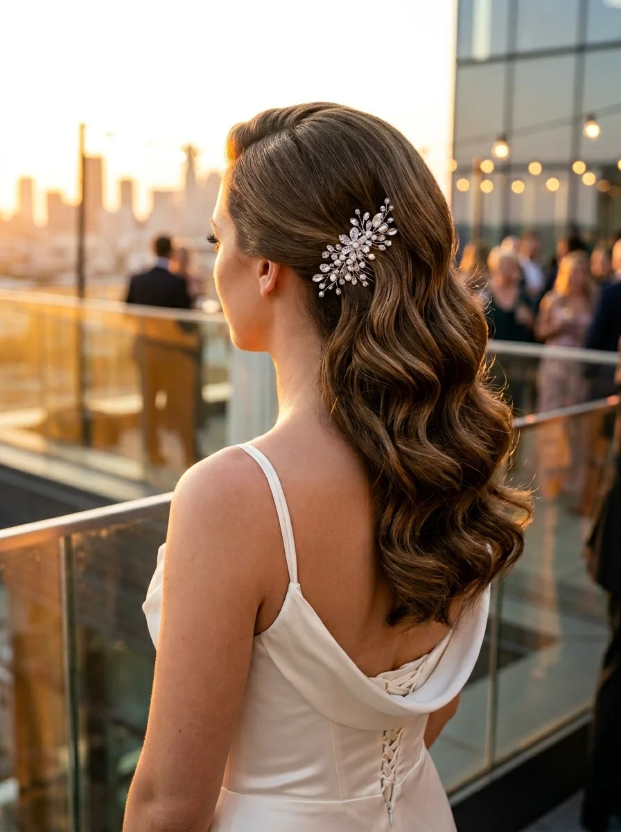 Glamorous Hollywood Waves with a Sparkling Side Accessory