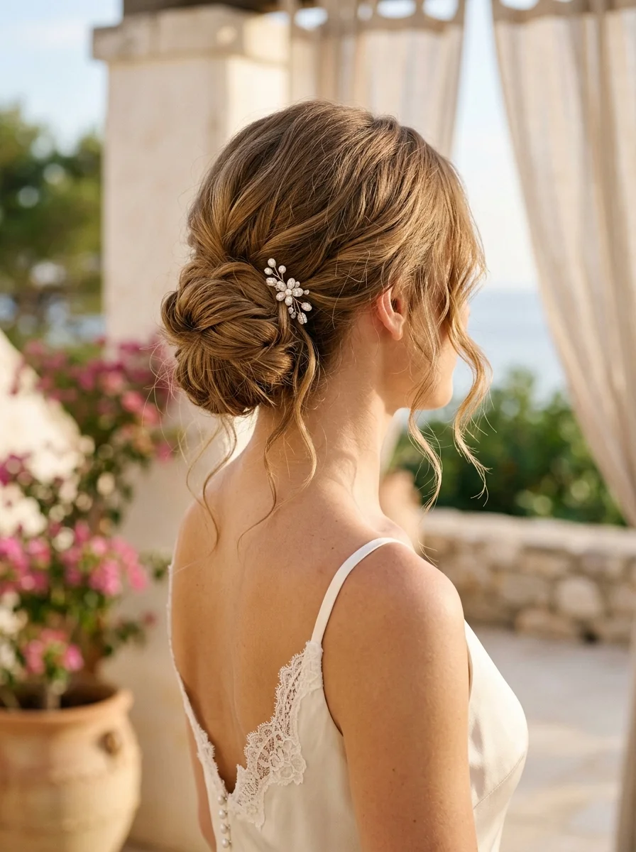 Soft Romantic Chignon with Wispy Tendrils