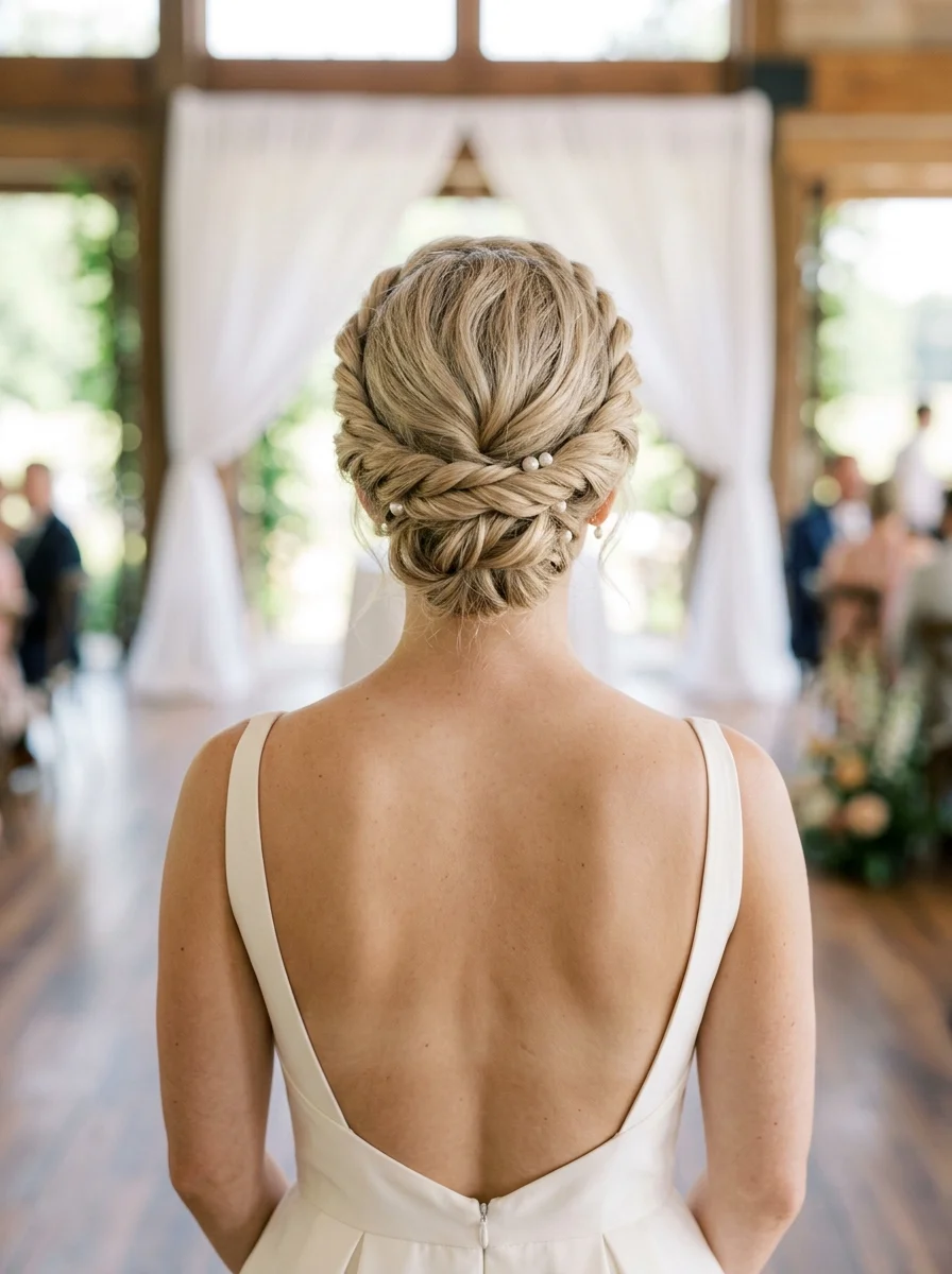 Braided Crown Updo with Pearl Accents