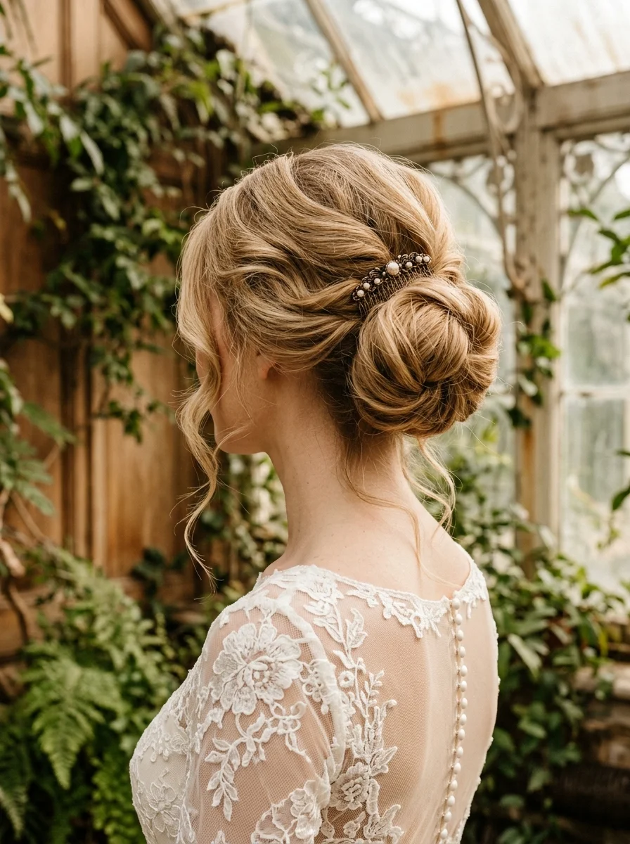 Soft Chignon with Romantic Curls and Pearl Comb
