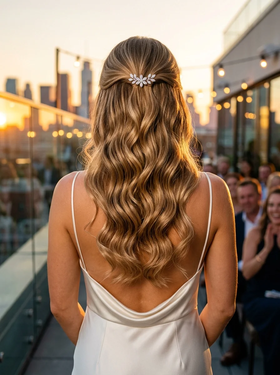 Sparkling Half-Up Waves with a Leafy Brooch