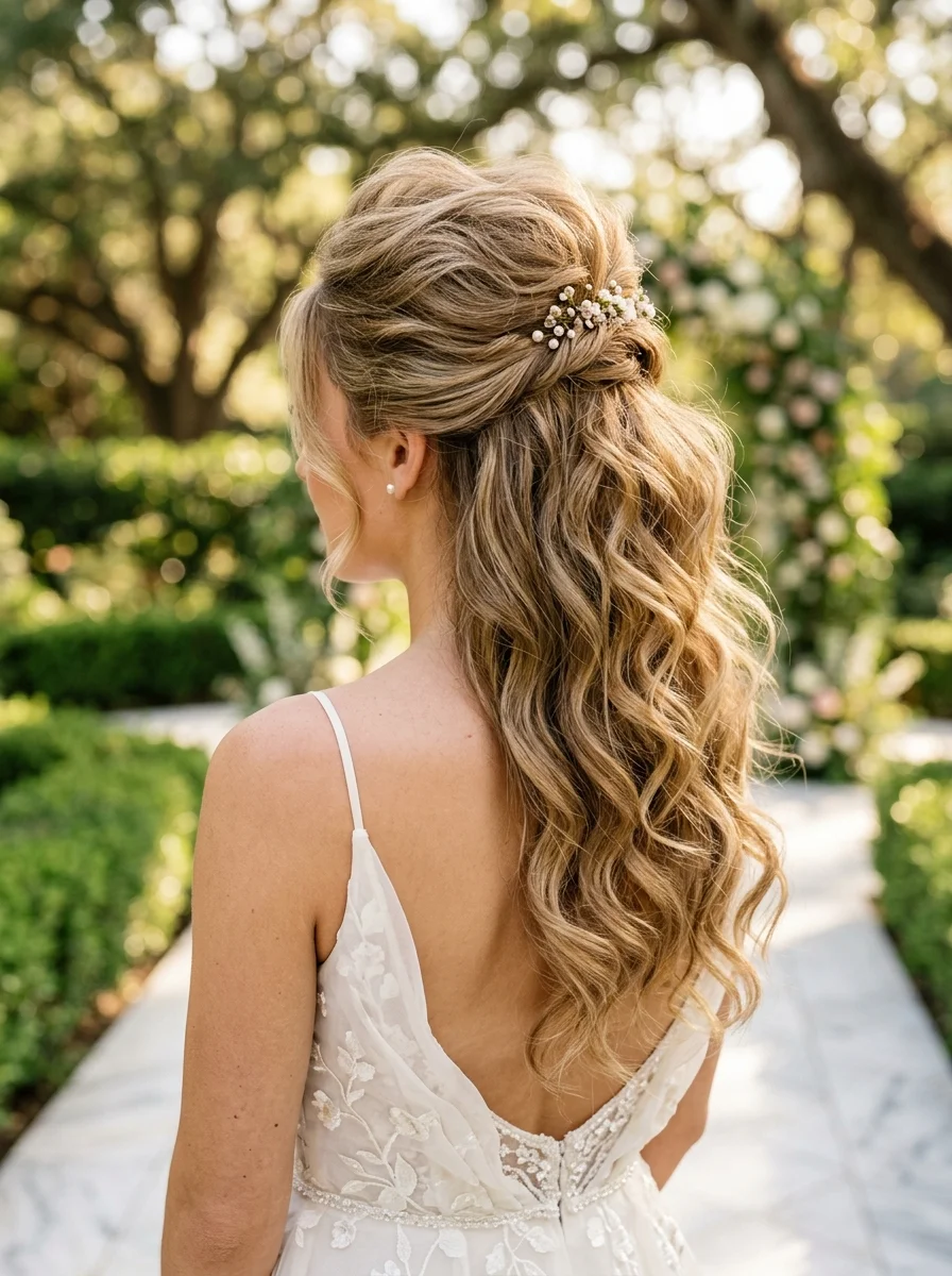 Romantic Wavy Half-Up with Delicate Pearl Accents