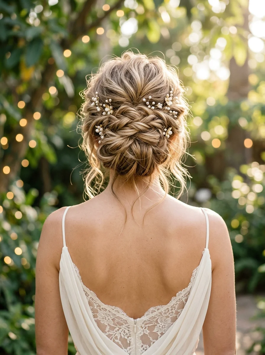 Boho Braided Updo with Pearl Accents