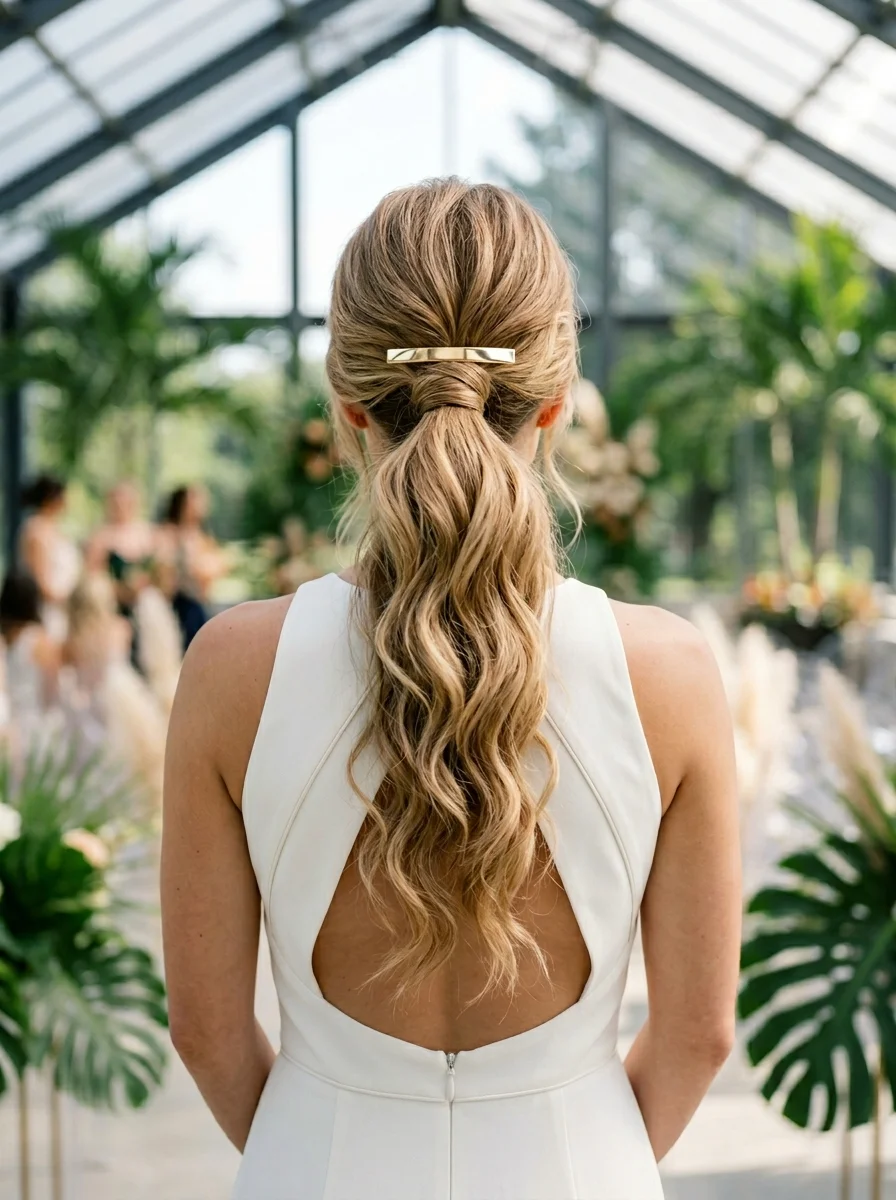 Chic Low Ponytail with a Glam Gold Clip
