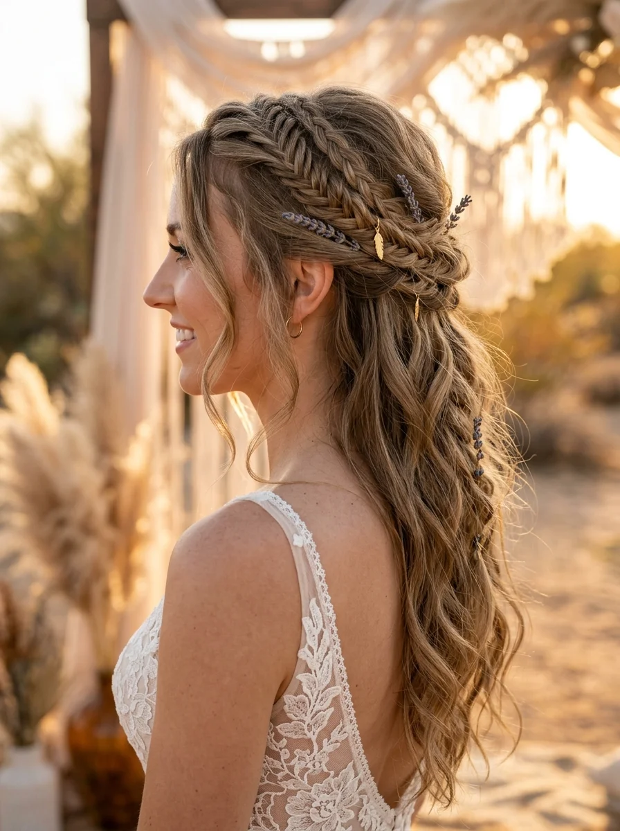 Boho Braided Half-Up with Lavender Touches