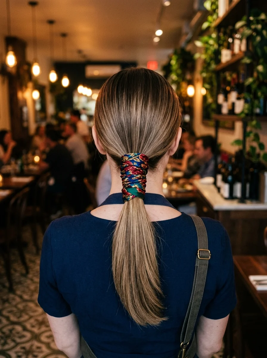 Low Ponytail with Patterned Scarf