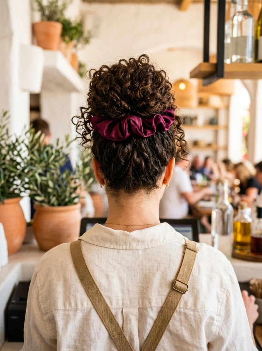 High Curly Bun with Satin Scrunchie