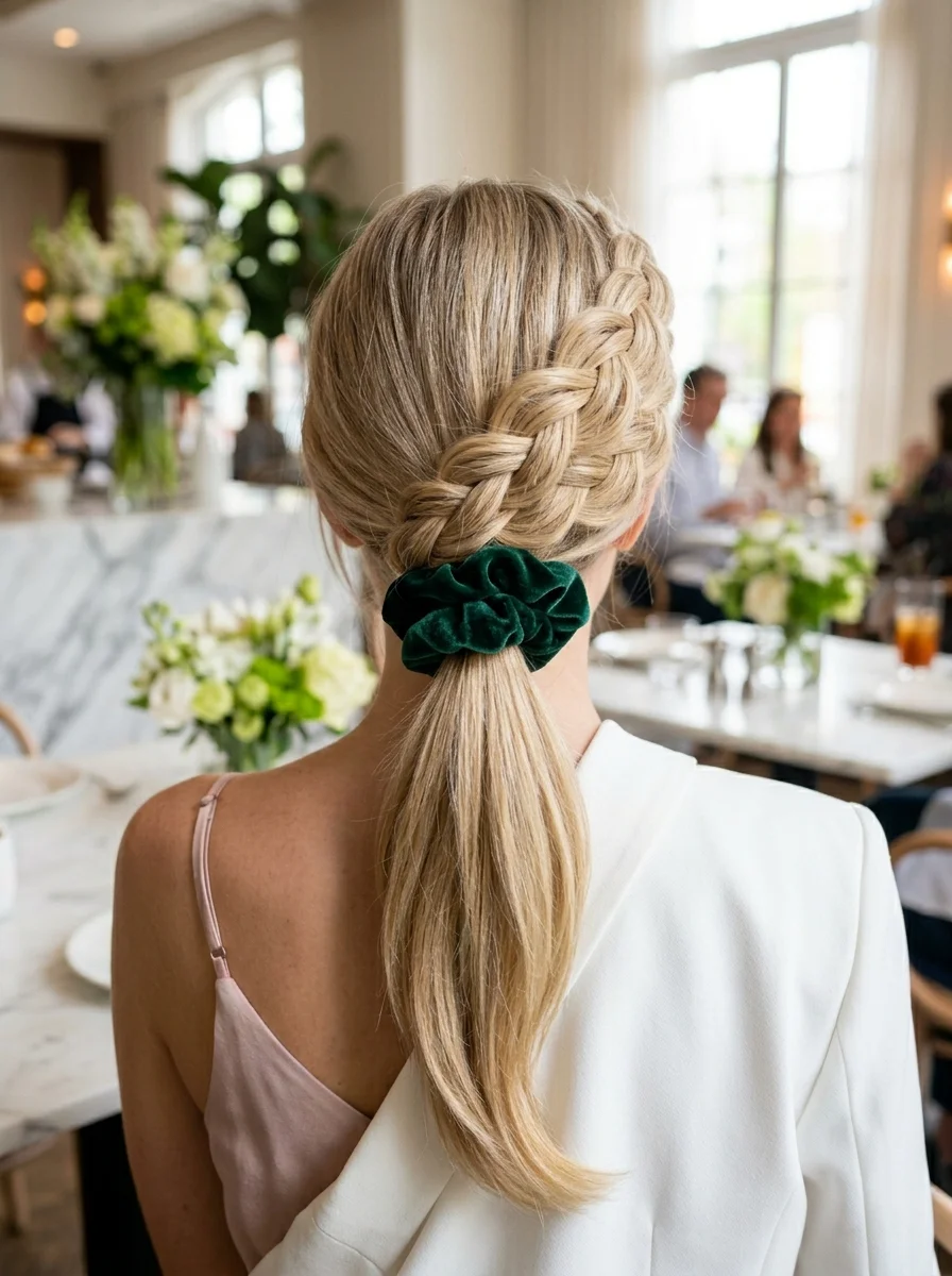 French Braid Ponytail with Velvet Scrunchie
