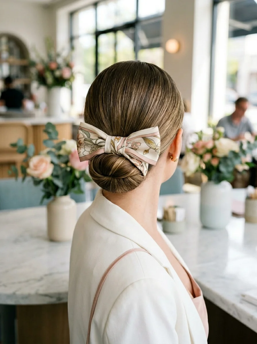 Sleek Low Bun with Floral Bow