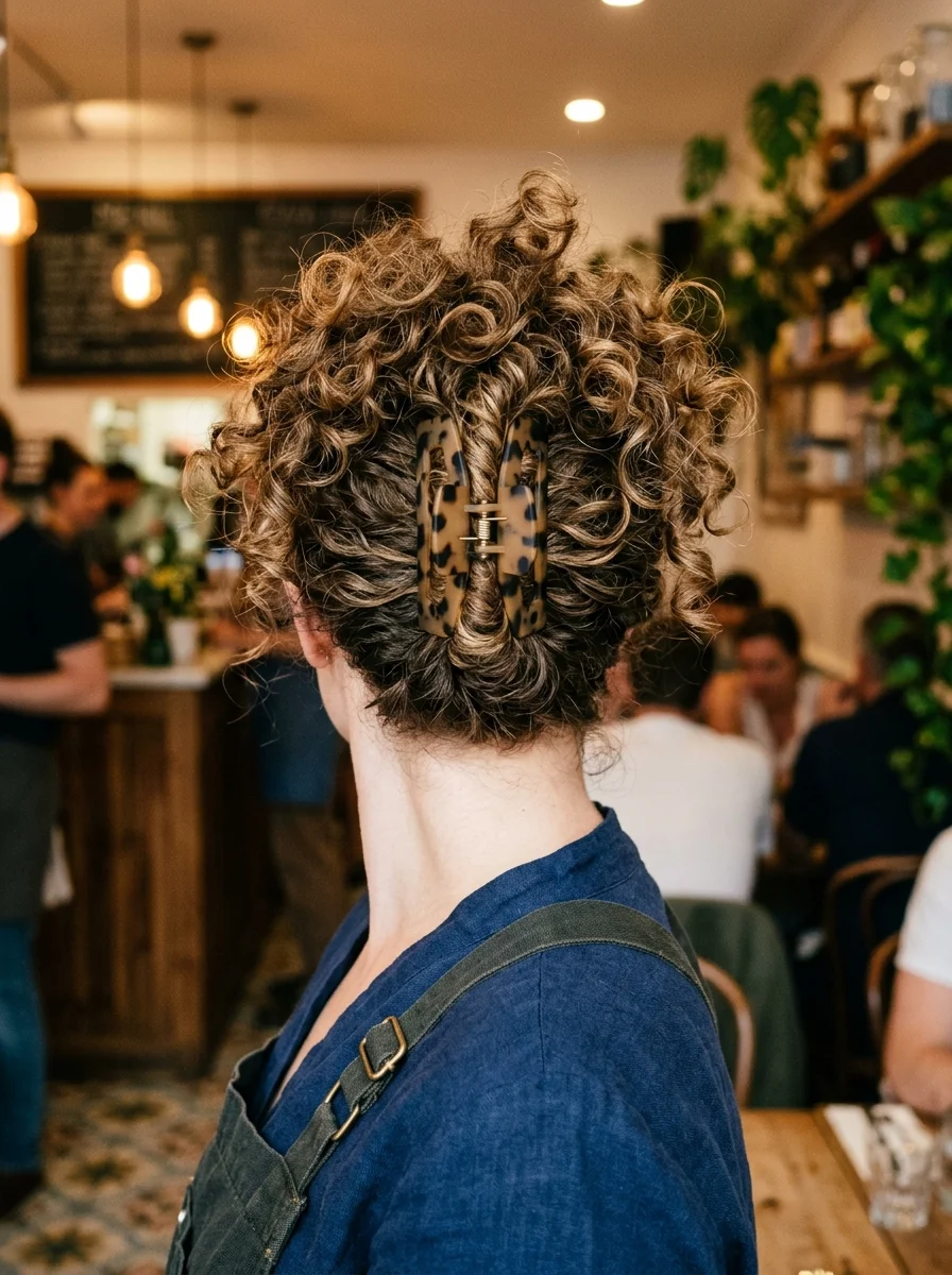 Curly Hair with Leopard Claw Clip