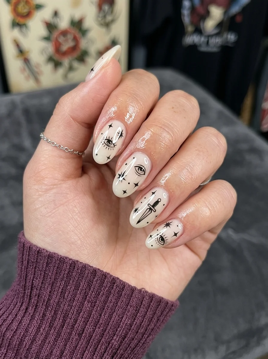 Almond nails with milky white base featuring hand-painted black eyes, stars, daggers, and dots in a mystical tarot-inspired design.