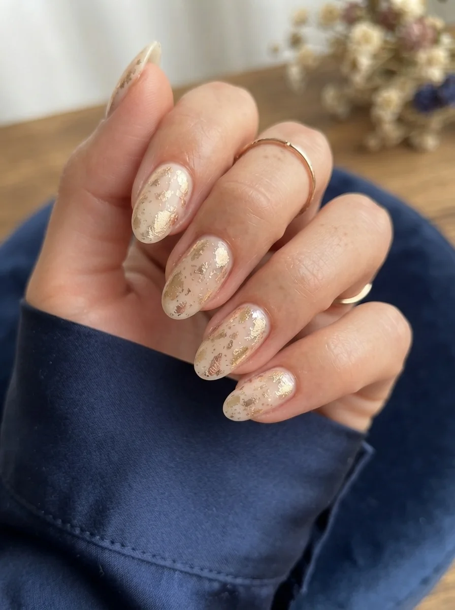 Almond nails with sheer nude base featuring irregular gold leaf flakes scattered across each nail.