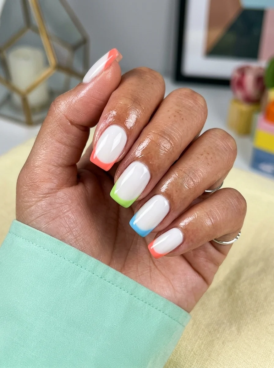 Coffin nails with white base and neon colored French tips in orange, lime green, and blue on different nails.