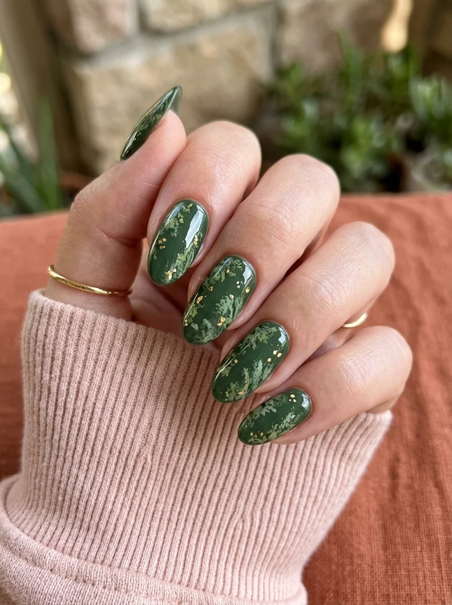 Almond nails with deep forest green base featuring gold glitter specks and organic gold foil accents.