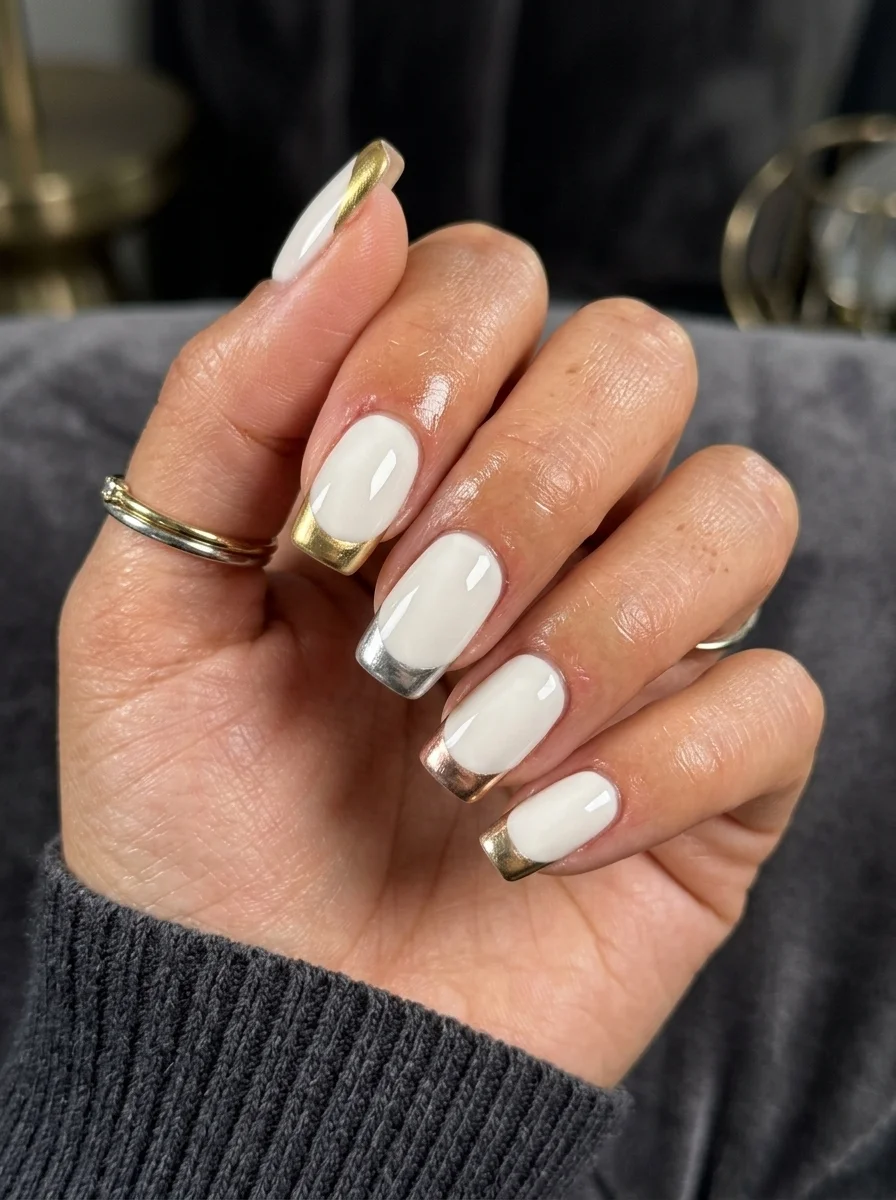 Coffin nails with milky white base featuring alternating gold and silver metallic French tips on different nails.