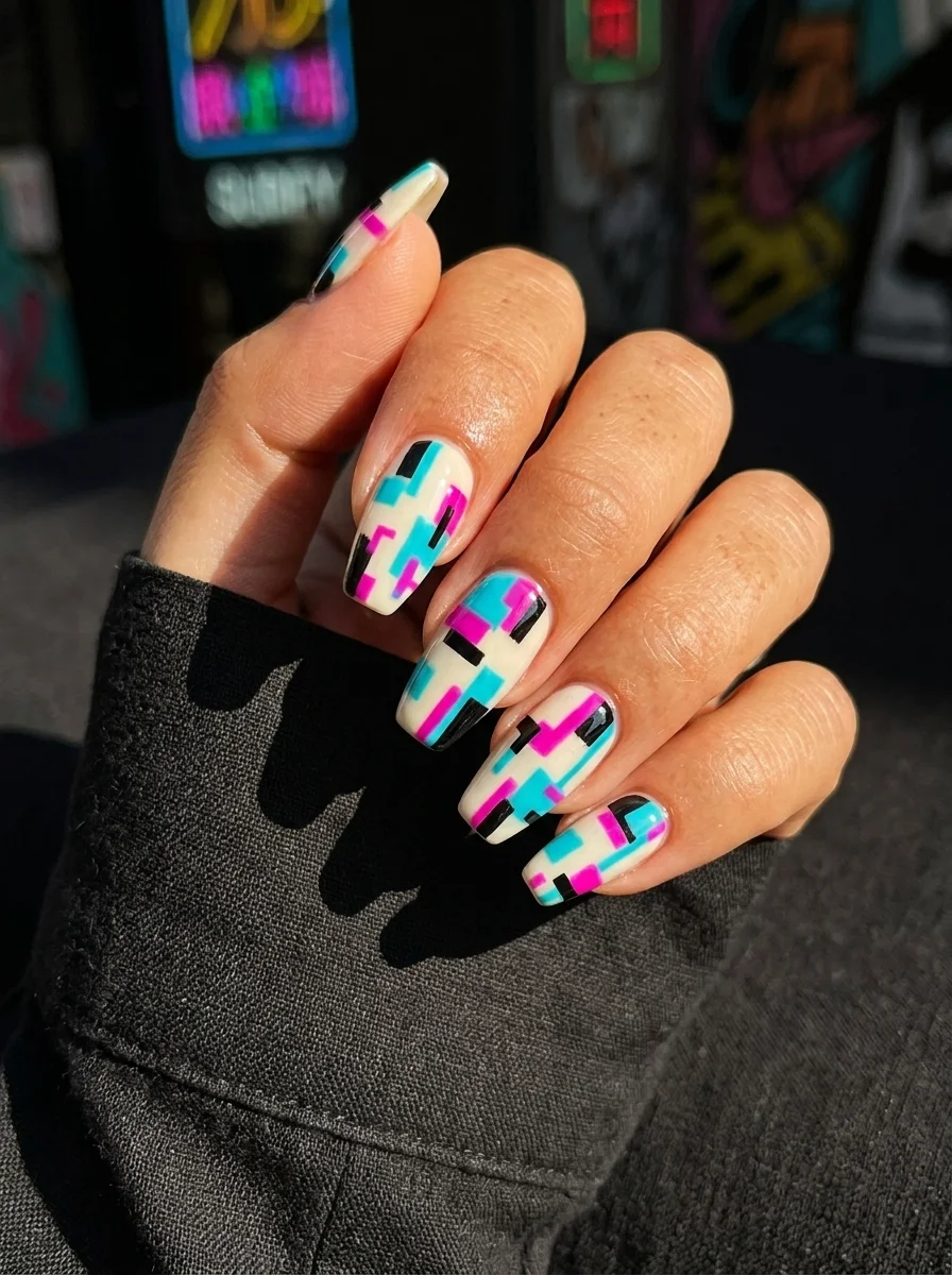 Coffin nails with white base featuring bold geometric blocks in teal, hot pink, and black in a Memphis design style.