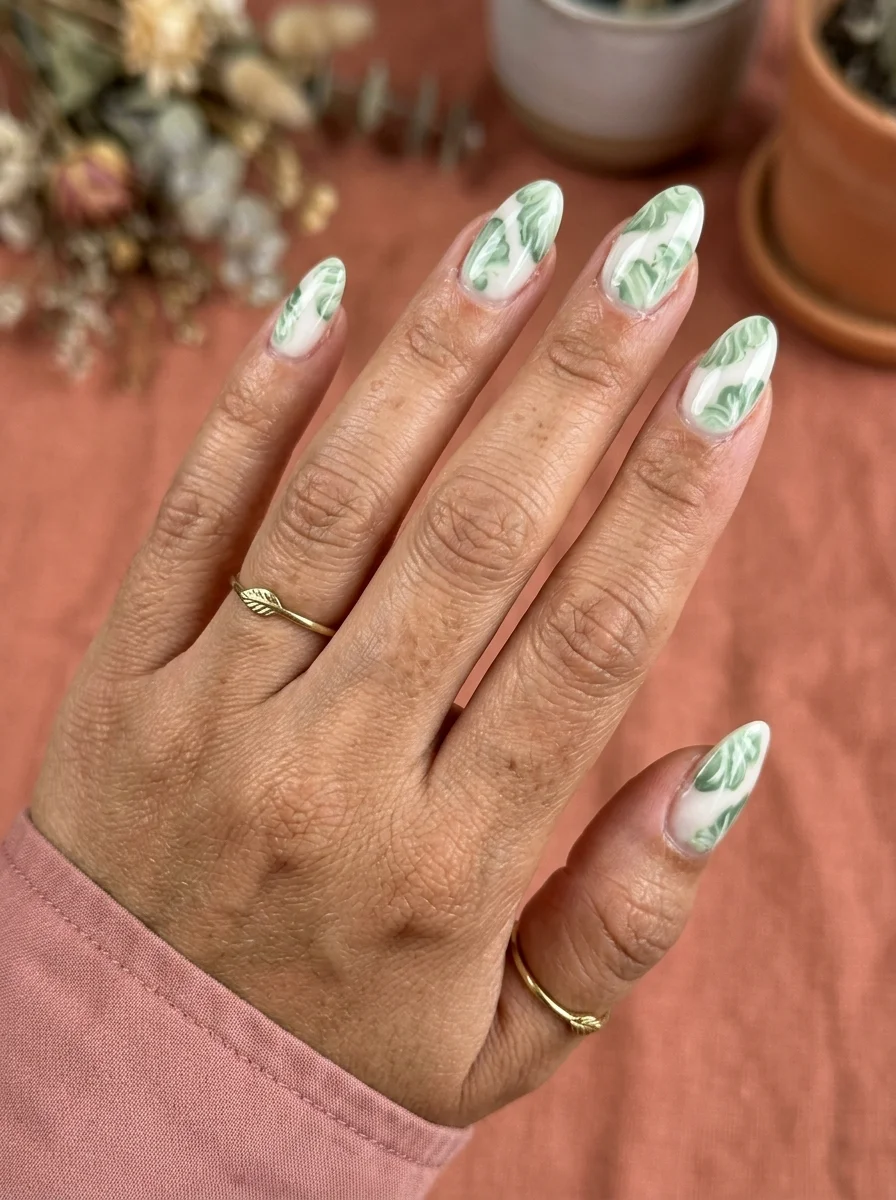 Almond nails with white base featuring delicate green leafy vine patterns wrapping across each nail.