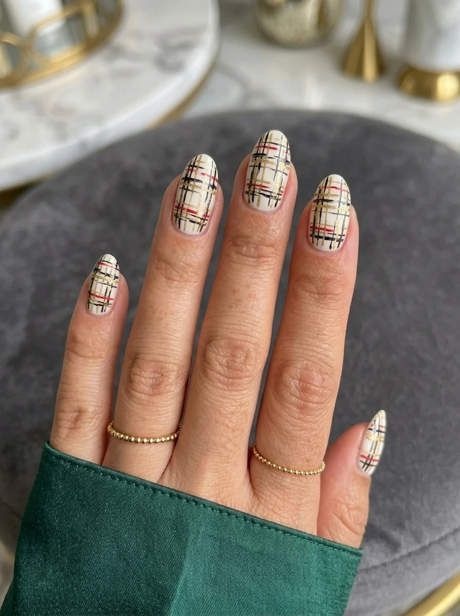 Almond nails with cream base featuring a classic Burberry-inspired plaid pattern in tan, black, red, and white lines.