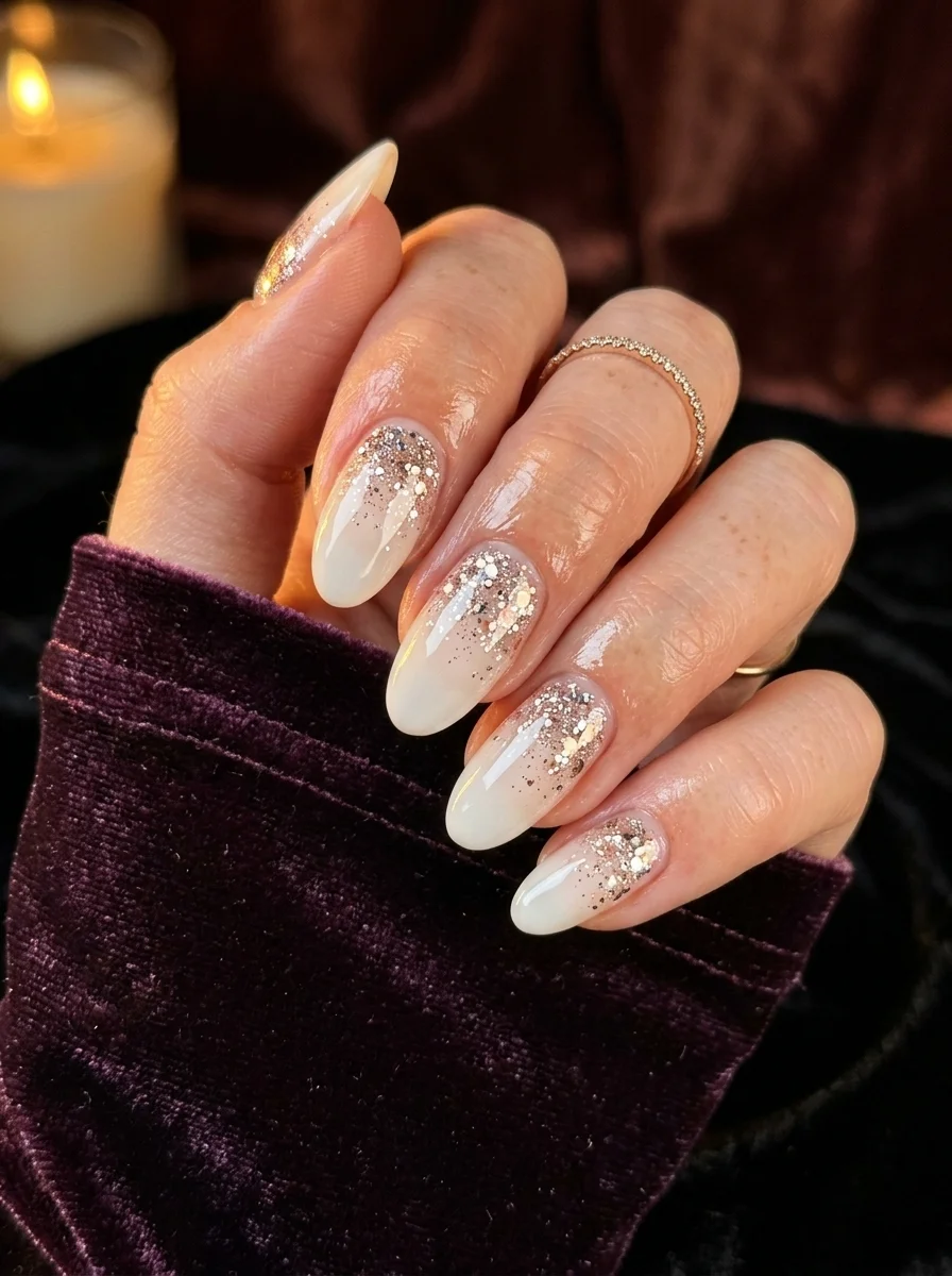 Almond nails with milky white base featuring a dense gold glitter gradient that fades from the cuticle to a sparse scatter at the tips.