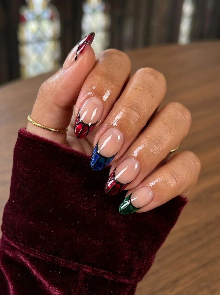 Almond nails with sheer nude base featuring French tips designed to look like stained glass in red, blue, and green with black outlines.