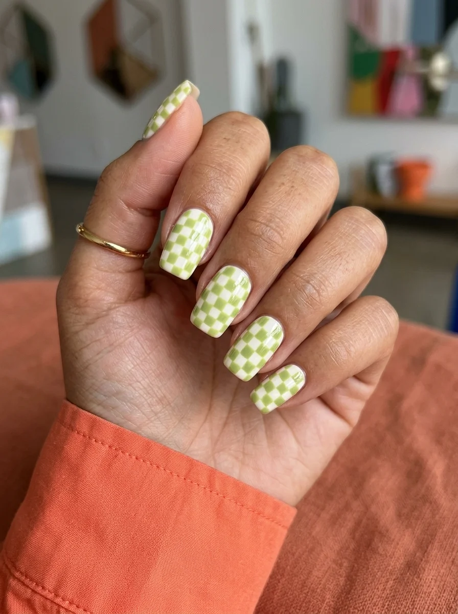 Short square nails with a white base and light green gingham check pattern in a retro picnic blanket style.