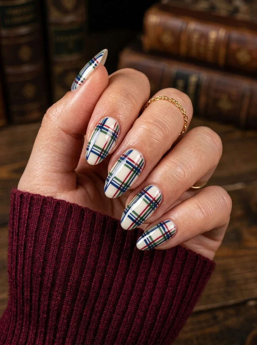 Almond nails with white base featuring a traditional tartan plaid pattern in navy blue, green, red, and white lines.
