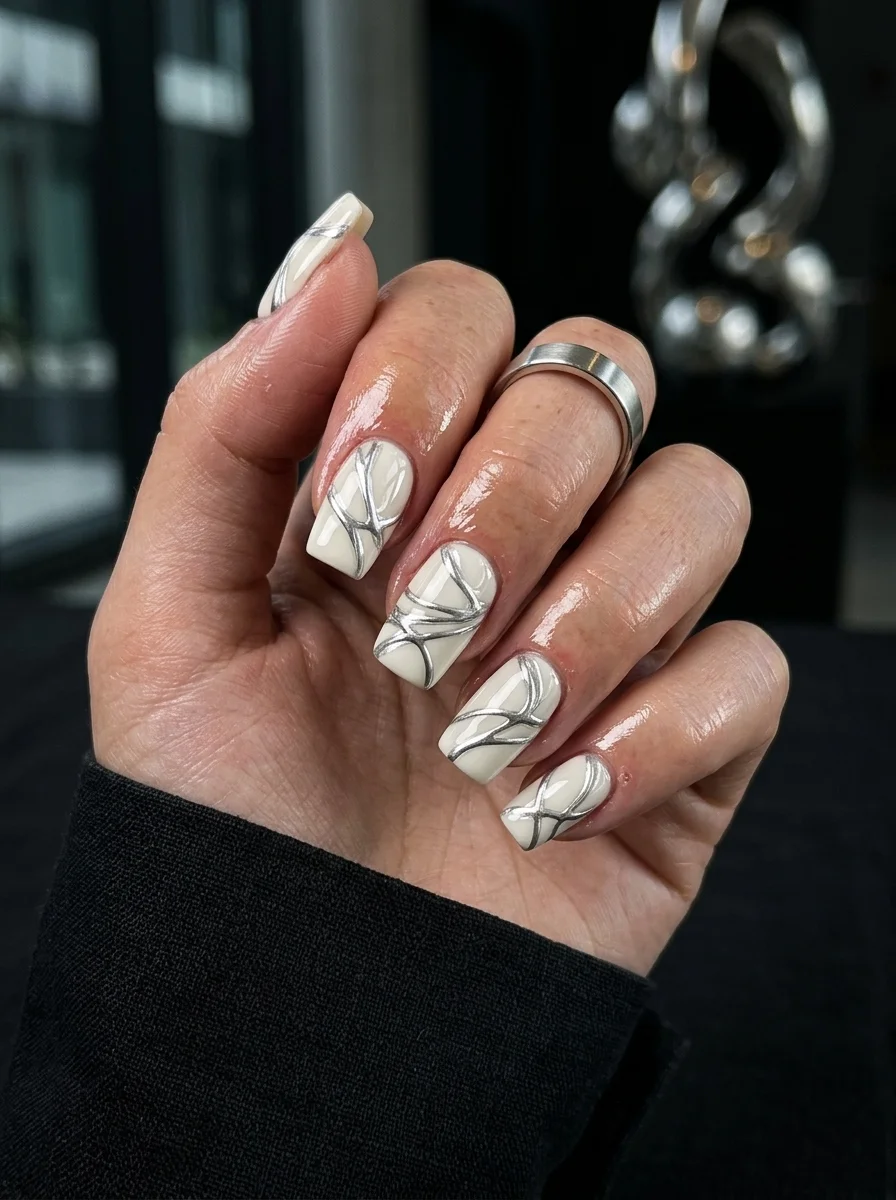 Coffin nails with matte white base featuring abstract silver metallic swirl and wave lines across each nail.
