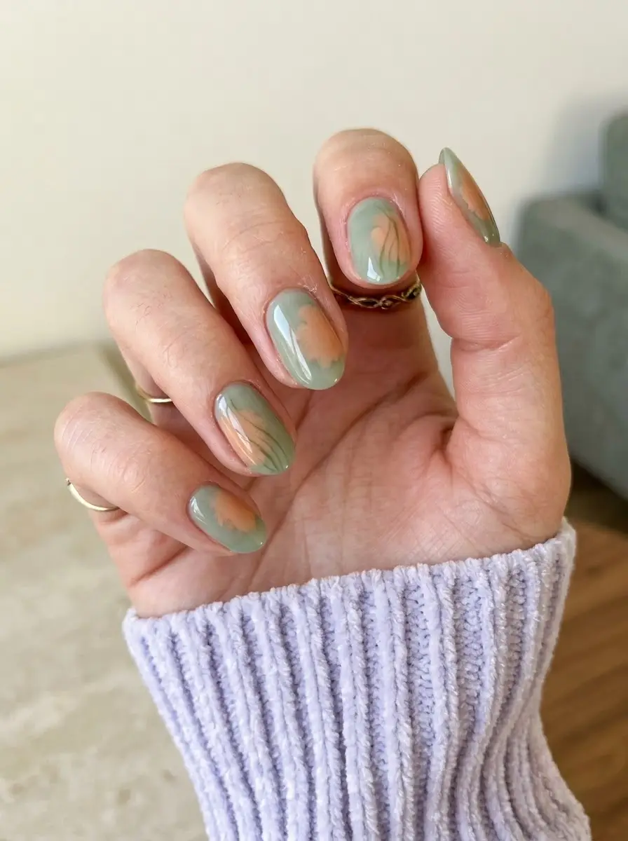 Sage Green & Terracotta Aura Nails - Soft sage green manicure with hazy terracotta-orange aura centers and fine line art