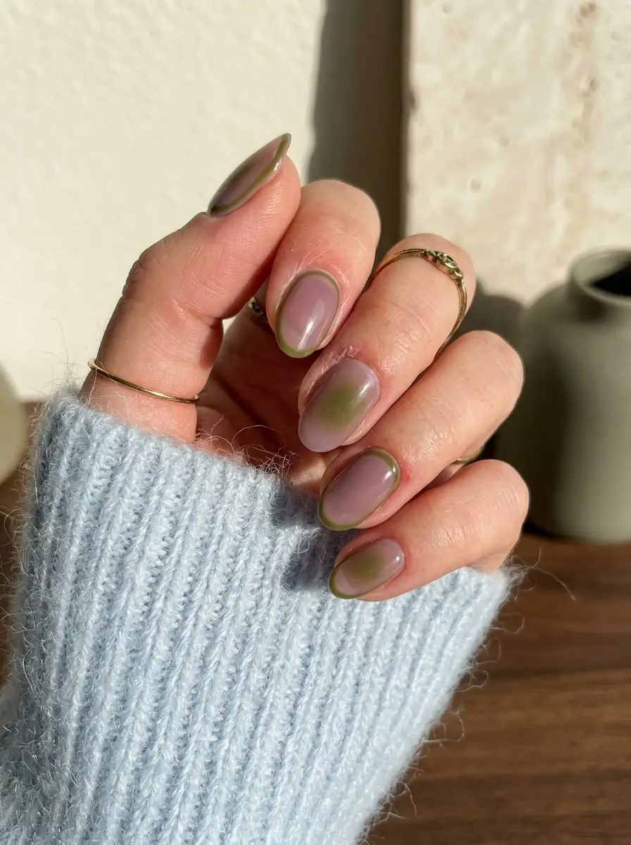 Soft Olive Outline Aura Nails - Sheer pink-nude oval nails with a muted olive aura haze and delicate outlined borders