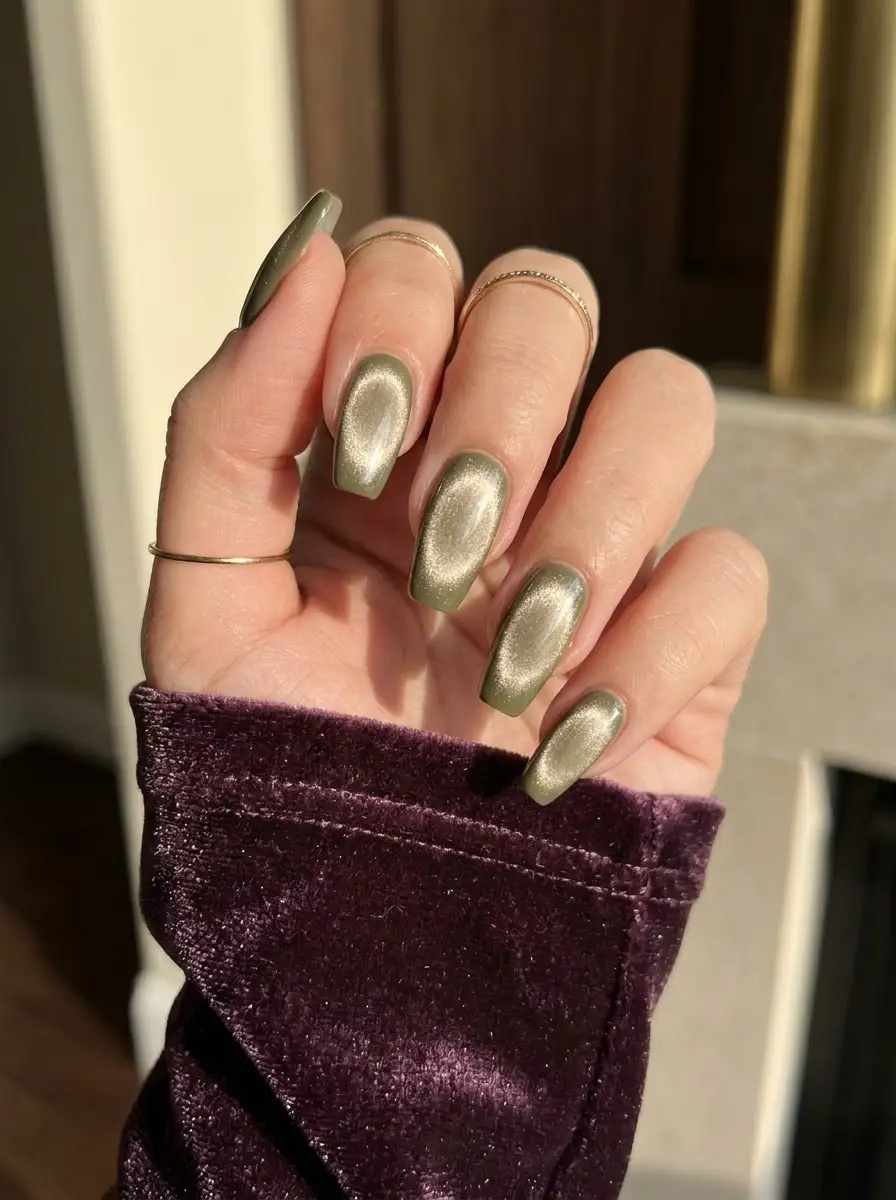 Metallic Olive Chrome Aura Nails - Metallic olive soft square nails illuminated by a glowing reflective cat-eye aura highlight
