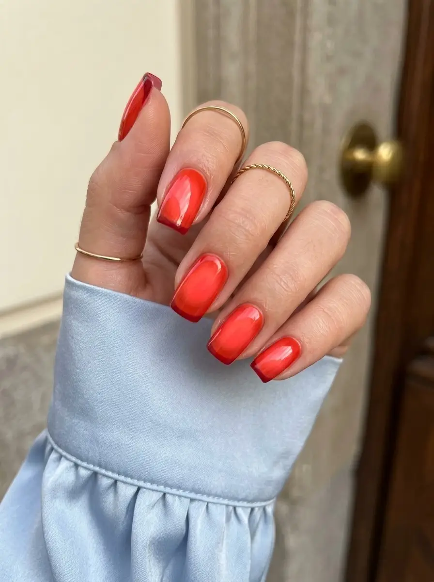 Hot Coral Red Aura Nails - Vivid coral-red square nails featuring a glowing softly diffused aura center