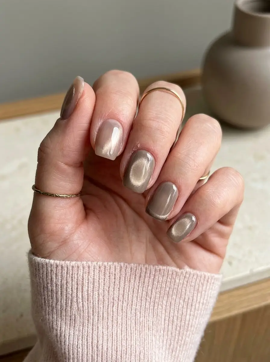 Neutral Taupe Chrome Aura Nails - Creamy taupe rounded nails accented with a silvery champagne chrome aura center