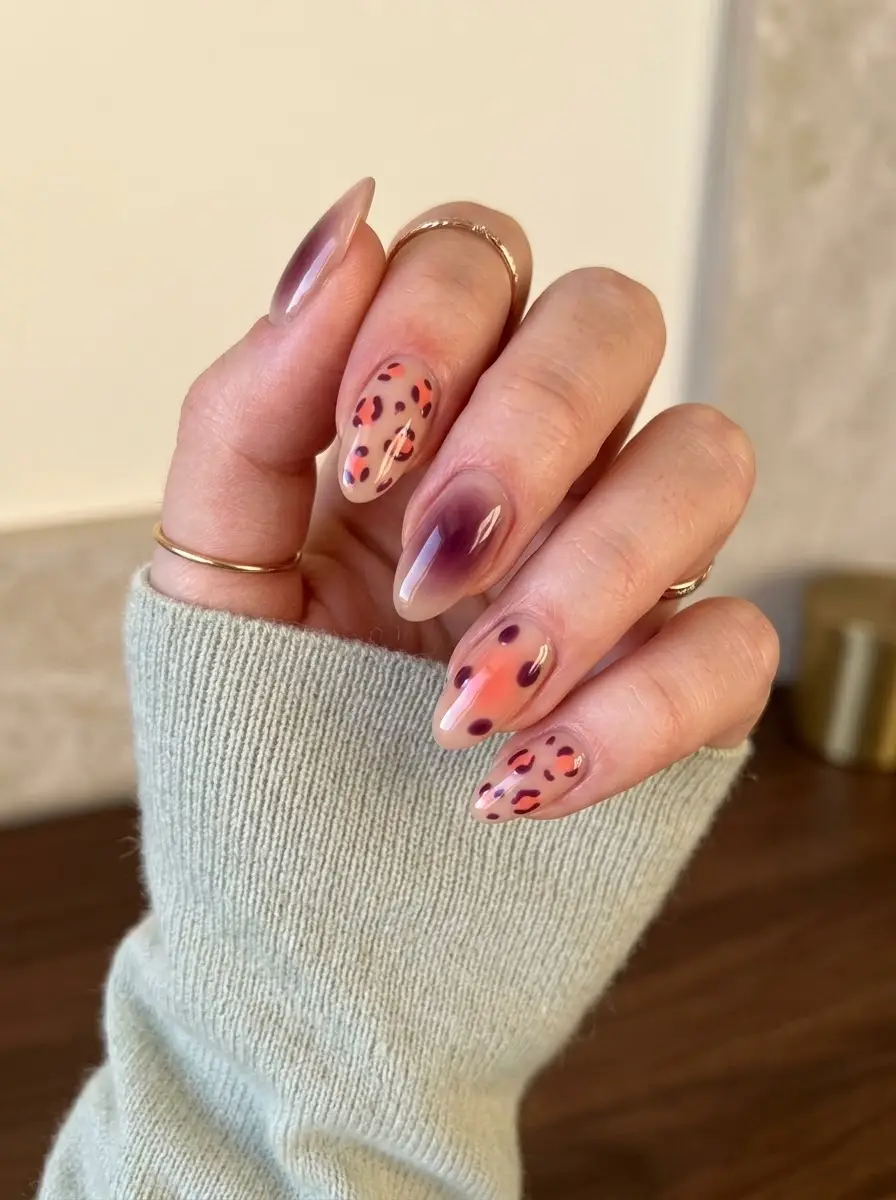 Leopard Print & Soft Aura Nails - Sheer nude base with blurred plum and peach aura centers paired with delicate leopard print