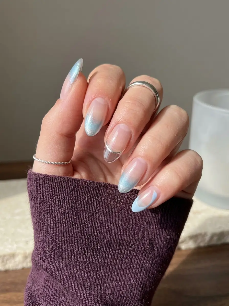 Icy Blue Airbrushed Aura Nails - Translucent nude almond nails accented with airbrushed icy blue aura tips and silver swirl details