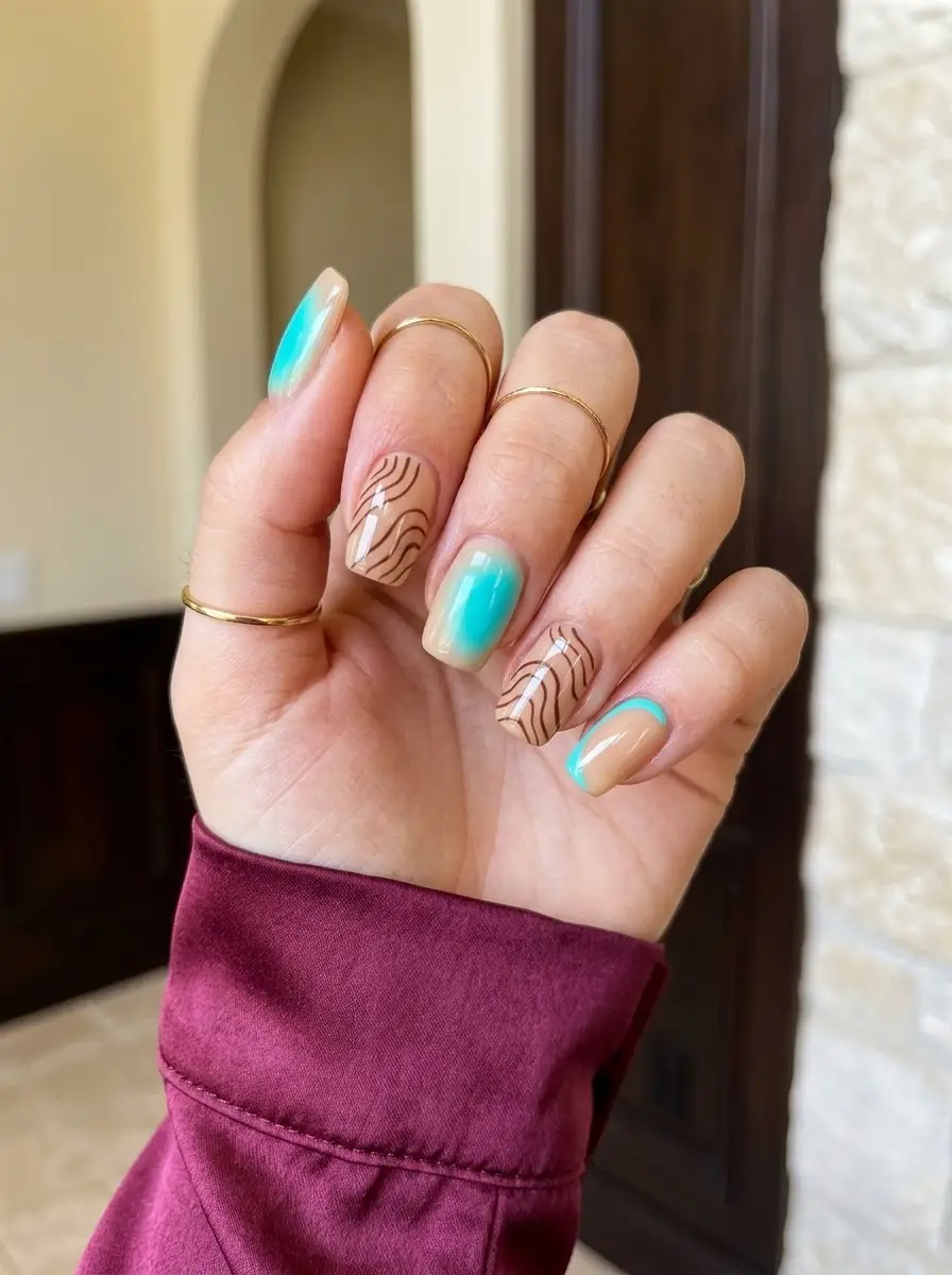 Teal Aura Nails With Abstract Line Art - Sheer nude base featuring a vivid teal aura center paired with abstract wavy line art