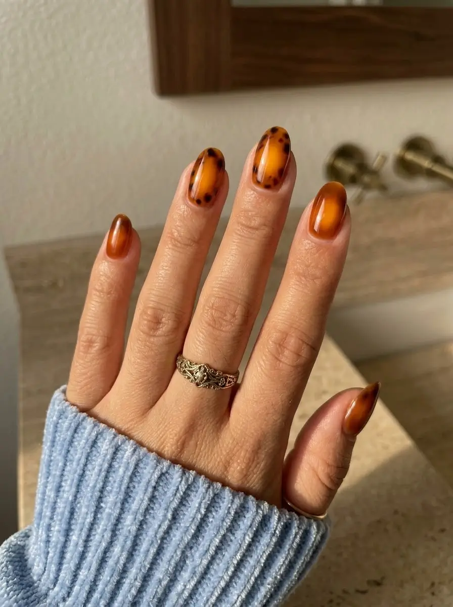 Amber Tortoiseshell Aura Nails - Translucent amber almond nails with a glowing blurred aura center and tortoiseshell accent spots
