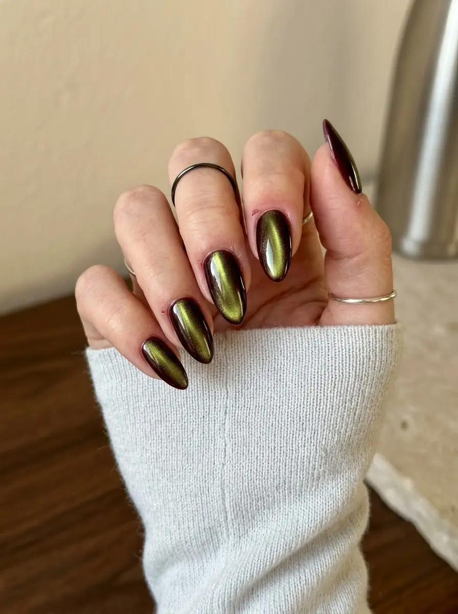 Olive Cat-Eye Aura Nails - Dark burgundy almond nails highlighted by a magnetic olive-gold cat-eye aura down the center