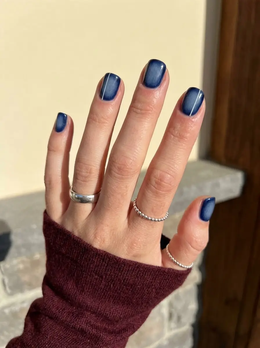 Short Cobalt Blue Aura Nails - Short square cobalt blue nails with a soft light blue aura haze and subtle vertical line accents