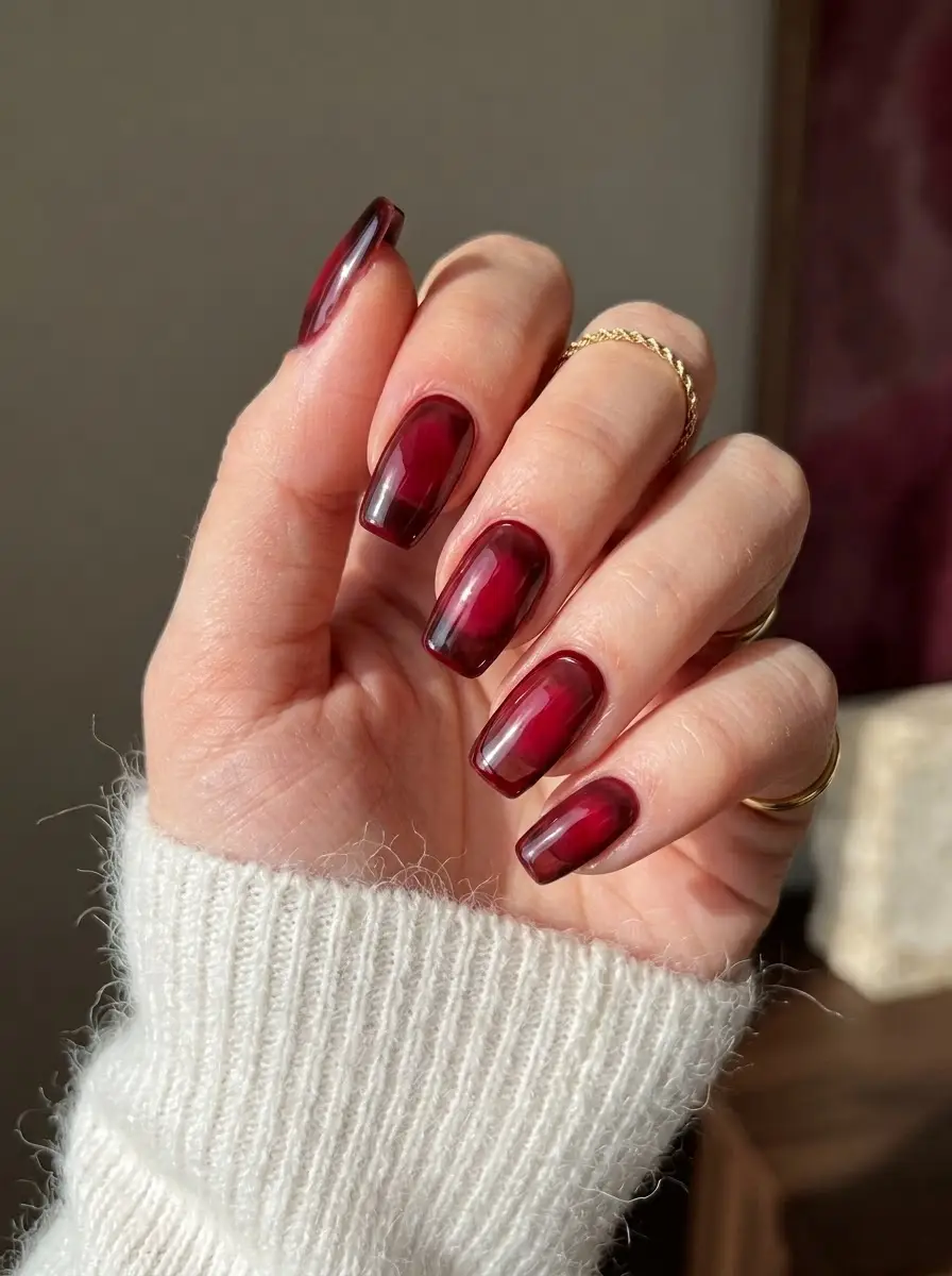 Cherry Red Jelly Aura Nails - Translucent cherry red jelly nails highlighted by a glowing brighter red aura center