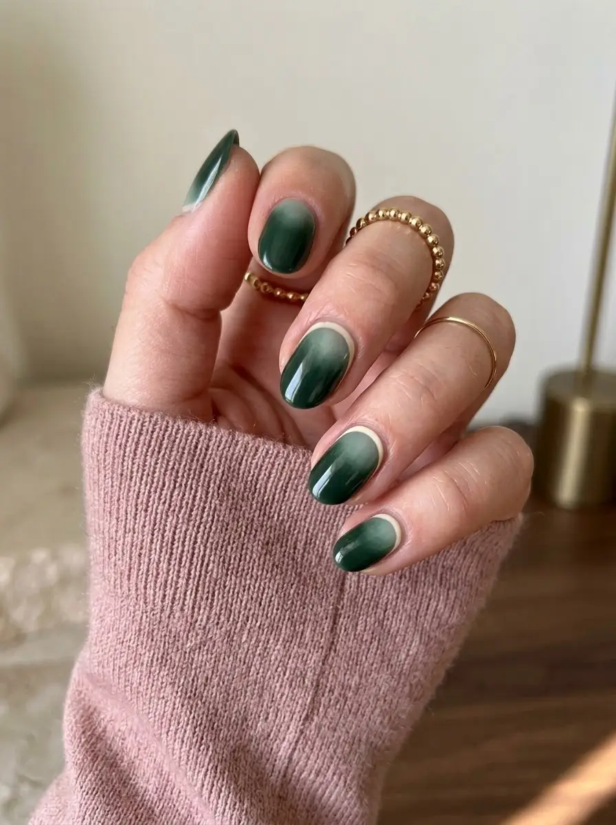 Forest Green Soft Aura Nails - Short rounded forest green nails with a sheer misty base fade and clean pale border framing