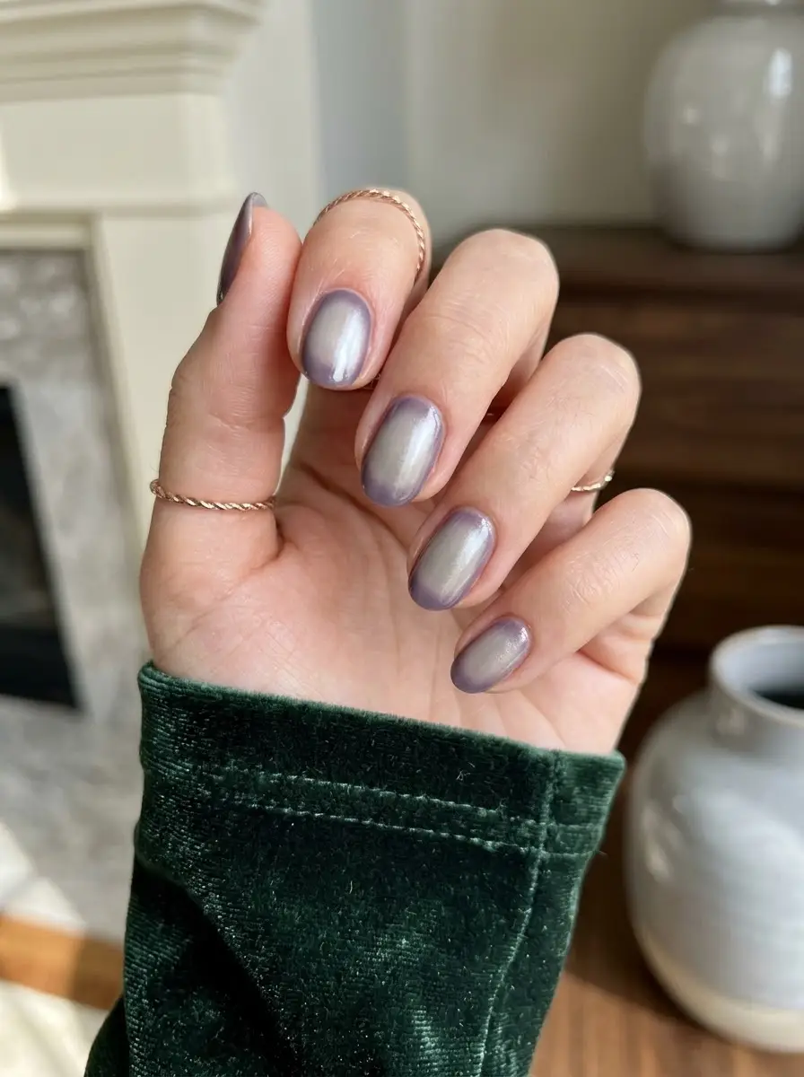 Lavender Pearl Aura Nails - Muted lavender oval nails illuminated by a pearly silver-white aura center