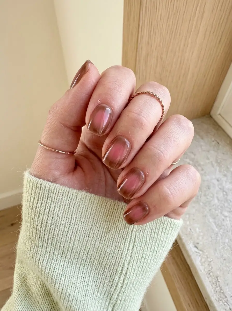 Brown Jelly Aura Nails With Rosy Centers - Translucent caramel brown jelly nails with a soft glowing rosy pink aura center