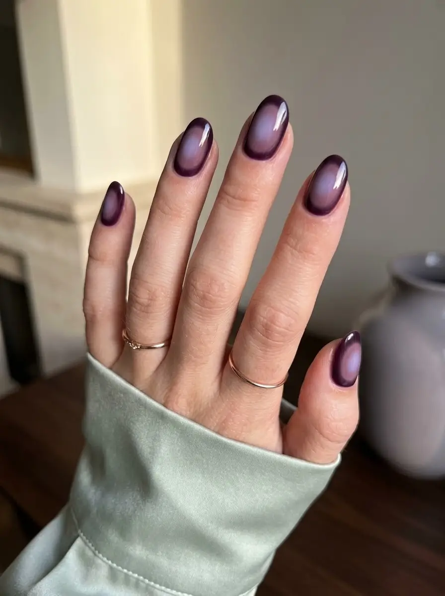 Smoky Plum Aura Nails - Oval nails with rich plum borders and a misty lilac aura center creating a halo effect