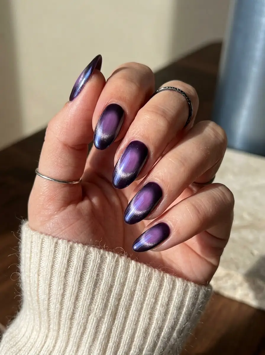 Deep Purple Cat-Eye Aura Nails - Deep plum almond nails with a glowing magnetic violet-purple cat-eye aura