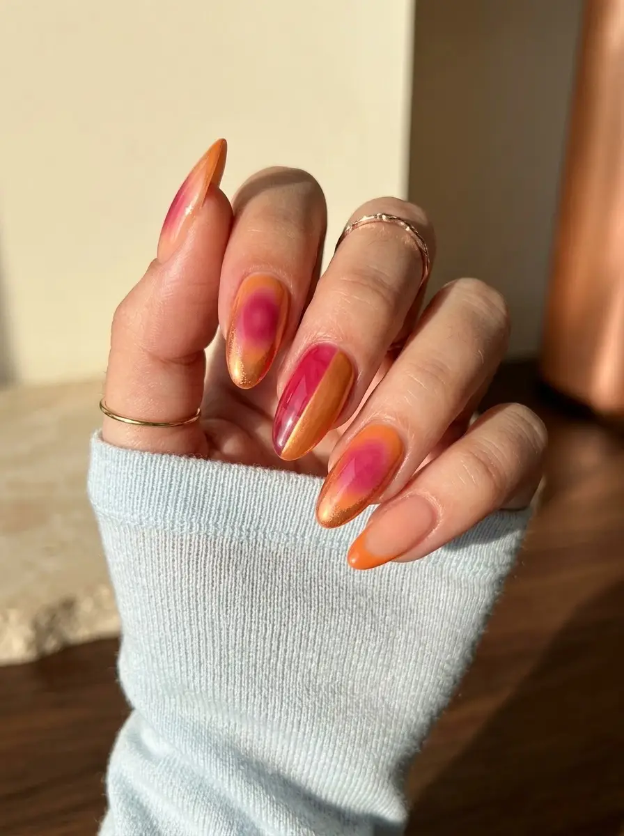 Sunset Pink & Orange Aura Nails - Vibrant orange and pink almond nails highlighted by a diffused magenta aura glow