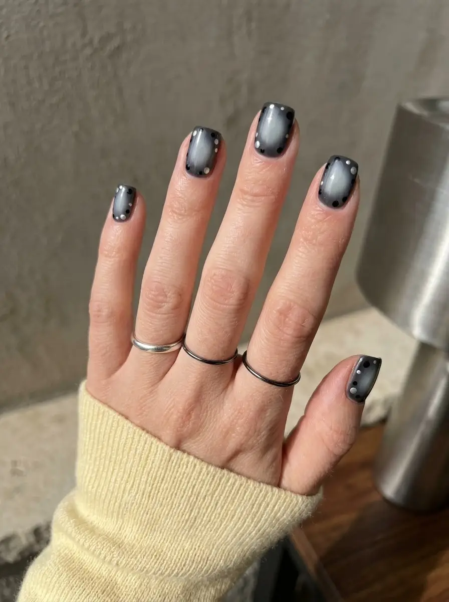 Smoky Gray Aura Nails With Dotted Border - Foggy silver-gray short square nails with charcoal edges framed by delicate dotted borders