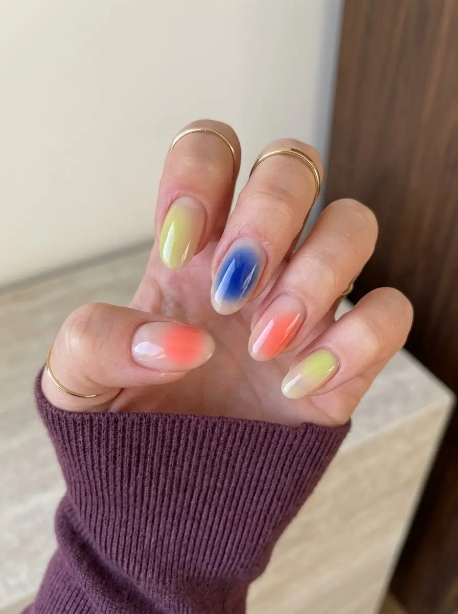 Color-Pop Mismatched Aura Nails - Sheer neutral base layered with vibrant bursts of neon yellow, coral-orange, and cobalt blue