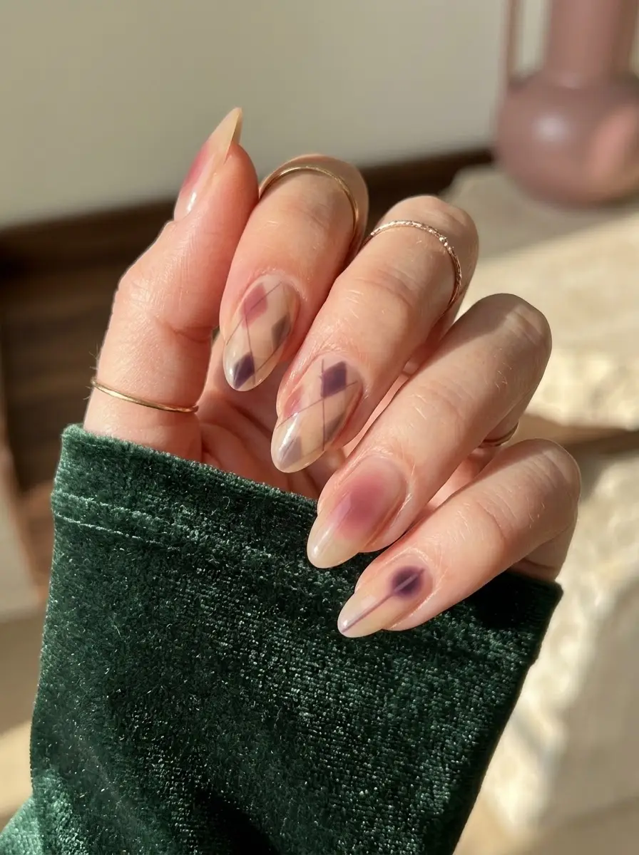 Burgundy Plaid & Blurred Aura Nails - Sheer nude base styled with translucent burgundy plaid lines and a soft rosy aura center