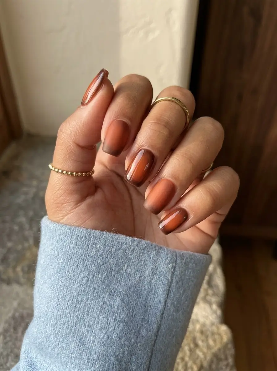 Smoky Brown Aura Nails - Soft square nails in cinnamon and mocha brown tones with matte aura gradients and glossy finishes